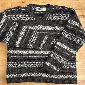 SPIN VINTAGE KNIT SWEATER WOMENS L BLACK CREAM GRAY V-NECK ACADEMIA WOOL-BLEND